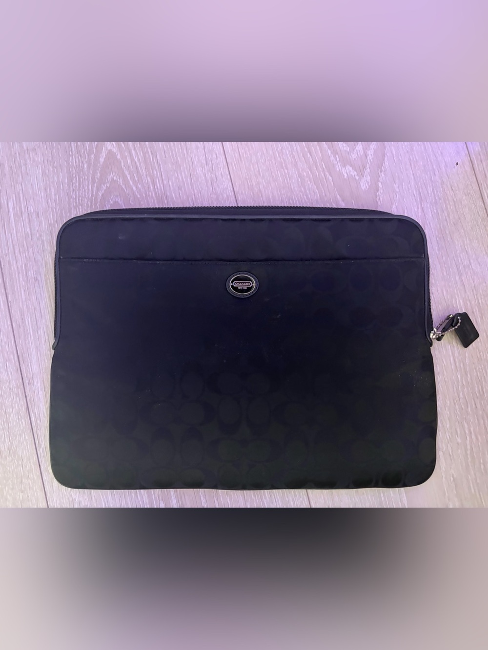 Coach Black Signature Laptop Sleeve with Oval Logo Plaque